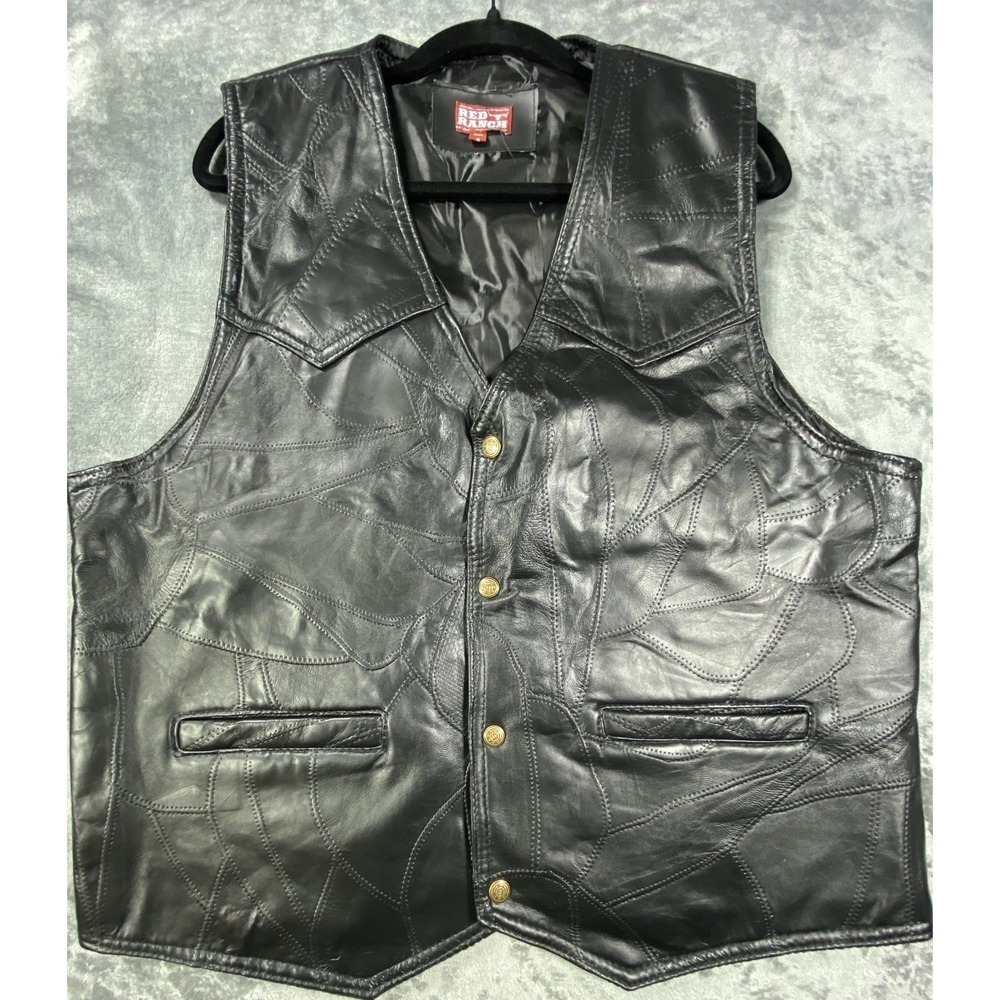 Red Ranch Leather Vest 100% Genuine Snap Pockets Black Men XL Stitched Patchwork